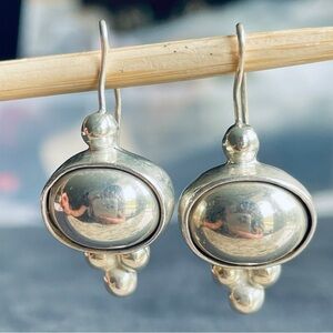 Vintage Mexico Oval Dome French Hook Dangle Shiny Sterling Silver Earrin…